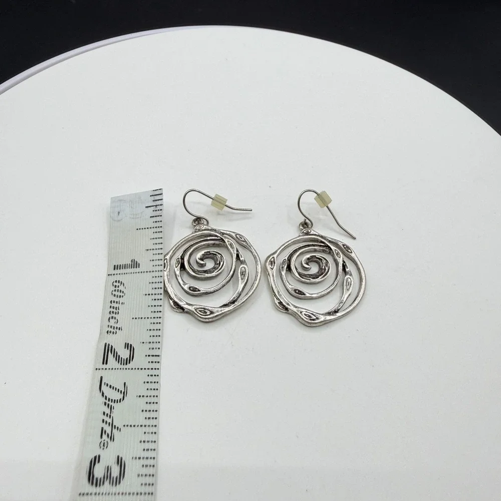 Silver Tone Spiral Coil Drop Earrings Abstract Eye Swirl Dangle Boho PiercedSilv
